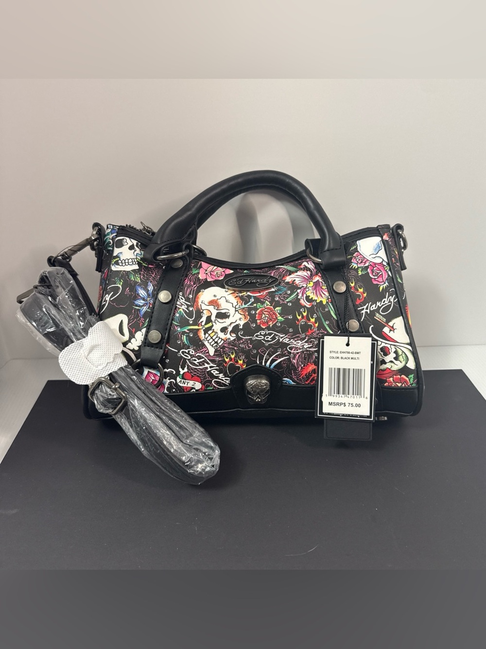 Ed Hardy Black Multi Skull & Floral Satchel with Pink Accents - Picture 5 of 6